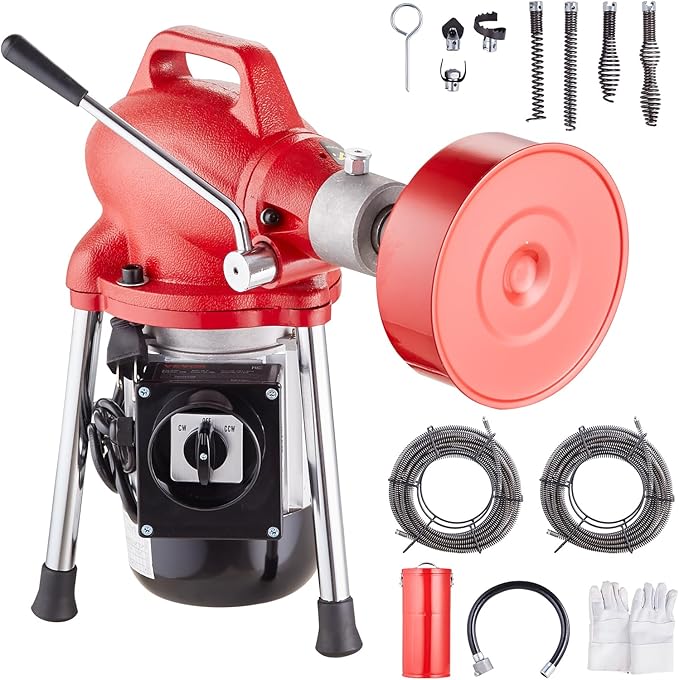 VEVOR Drain Cleaner Machine 120FT x 5/8 Inch, 370W Electric Sewer Snake Auger with 2 Sectional Steel Cables(120' x 5/8" and 23' x 3/8"), 7 Cutters and CW/CCW Control for 1.6" to 4" Pipes