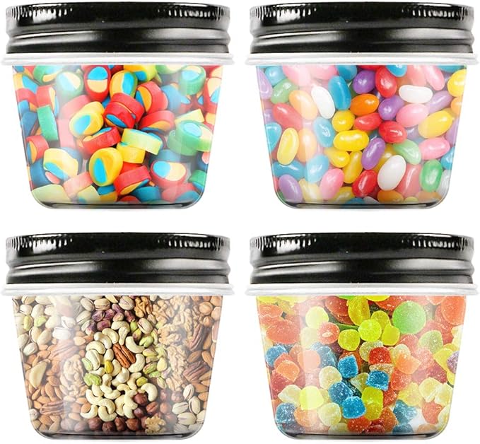 Novelinks 4 oz Clear Plastic Jars with Black Lids – Small Round Reusable Containers for Food, Spices, Crafts, Travel – BPA-Free Storage Jars for Kitchen & Household Organization, 20 Pack