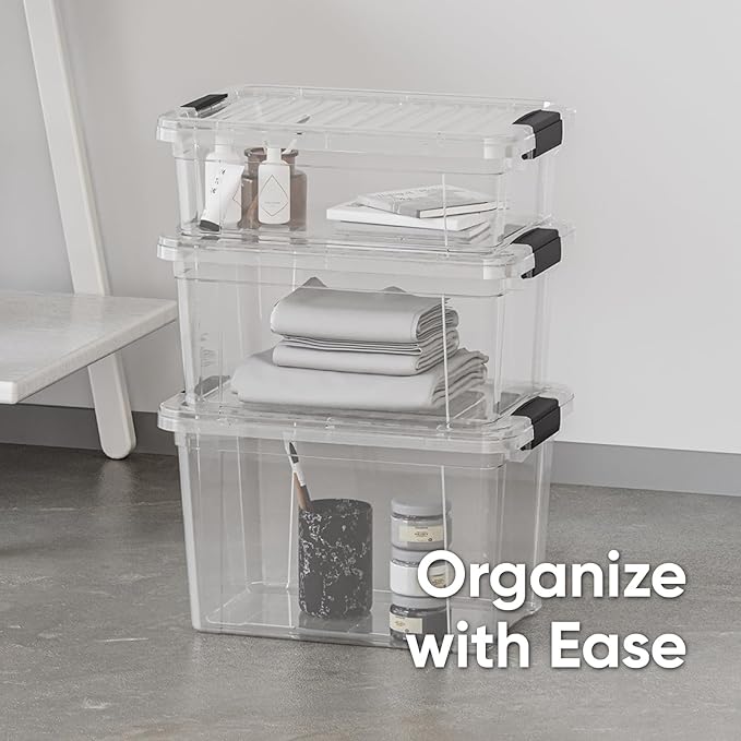 Superio Storage Bins with Lids - Clear Boxes for Organizing, Stackable Plastic Containers - BPA Free, Non-Toxic, Odor Free, Organizer for Home, Office, Dorm(4 Pack, 11 Qt)