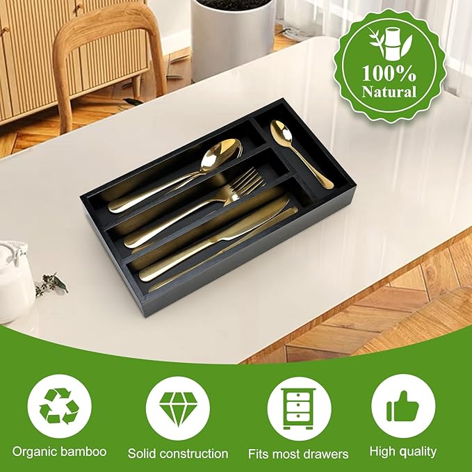 Small Wooden Silverware Organizer Tray Narrow Kitchen Drawer Dividers Utensil Organizers and Storage Black Cutlery Trays Spoon Flatware Organizer for Drawer Bamboo Cutlery Utensil Holder Tray