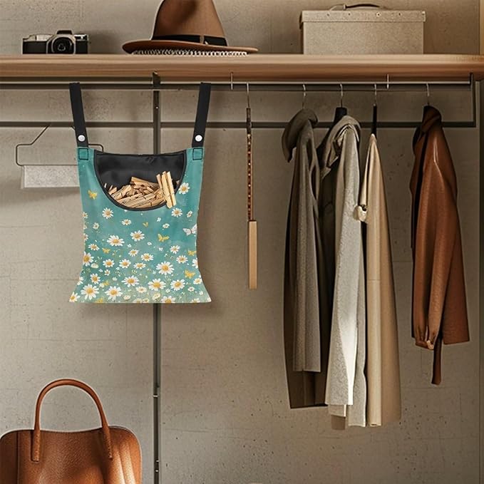 Clothespin Bag for Clothes Pin Holder for Outside and Clothes Line Pins, Clothes Pin Hanging Bag Fits Outdoor Laundry Clothesline - Daisy Pattern