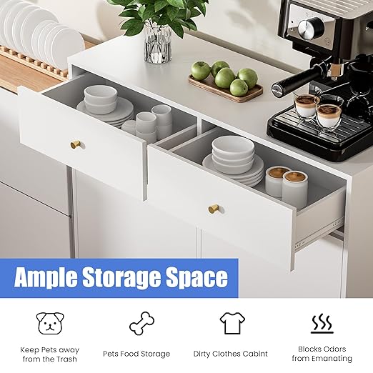 Double Tilt Out Trash Can Cabinet with 2 Drawers, Trash Storage Cabinet, Hidden Garbage Bin, Free Standing Laundry Sorter Organizer for Kitchen Dining Living Room, Bathroom, White