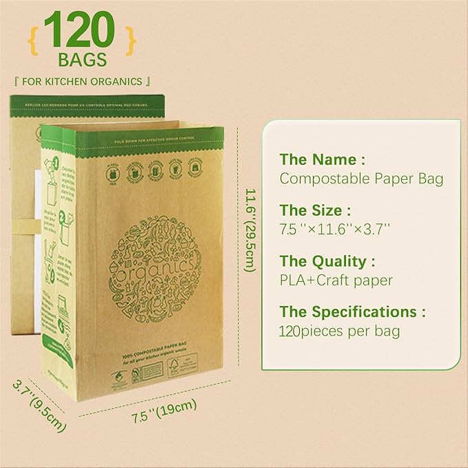 HYTREND-Kitchen Food Waste Bag-120 Bags-%100 Compostable paper Bag - Leak Resistant- Plastic Free - Small-Certified by BNQ and BPI