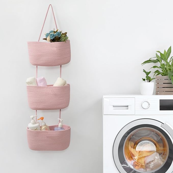 TeoKJ 3-Tier Wall hanging Storage Bags, Over the Door Organizer, Decorative Cotton Rope Hanging Baskets, Pink