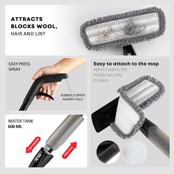 Microfiber Spray Mop for Floors Dry and Wet Mop with Dusting 360 Rotation for Kitchen, Hardwood, Laminate, Tile Floors Includes 3 Refill Heads, Scraper, Holder & Spray Bottle