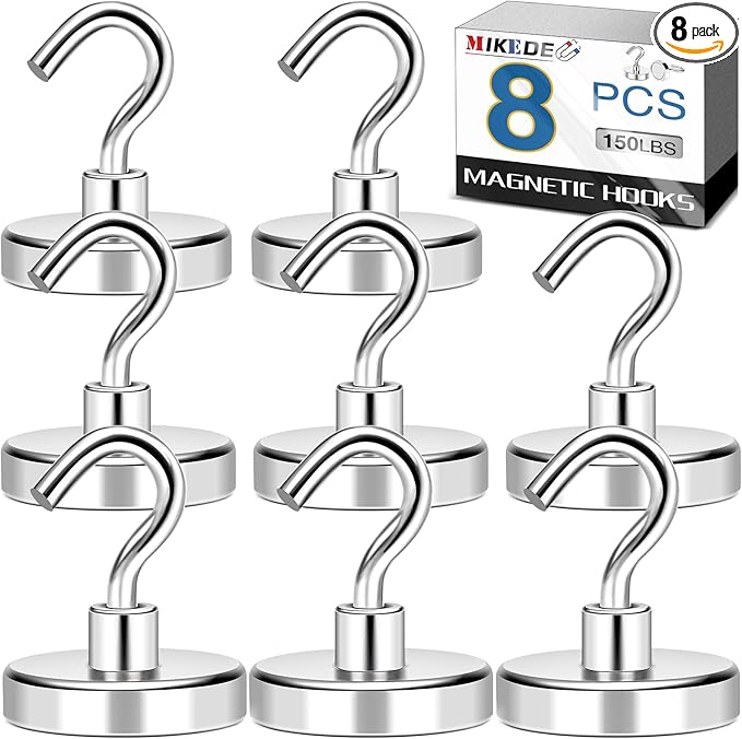 MIKEDE Magnetic Hooks Heavy Duty, 150LB+ Strong Neodymium Magnets for Refrigerator, Large Magnetic Hooks for Hanging, Magnets with Hooks Cruise Ship Essentials for Kitchen, Workplace - 8 Pack