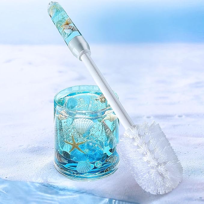FONMY Toilet Brush and Holder Acrylic with Nature Seashell,Compact Size Toilet Bowl Brush with Plastic Handle Easy to Hide, Drip-Proof,Space Saving for Storage,Easy to Assemble,Deep Cleaning, (Blue)