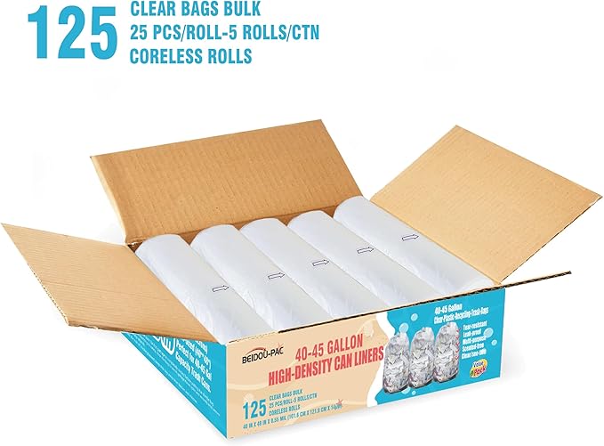 40-45 Gallon Lawn & Leaf Trash Bags, 125 Count Bulk, Heavy Duty Clear Plastic Recycling Bags, Multi-purpose Garbage Bags for Home Commercial, Outdoor, Construction, Industrial