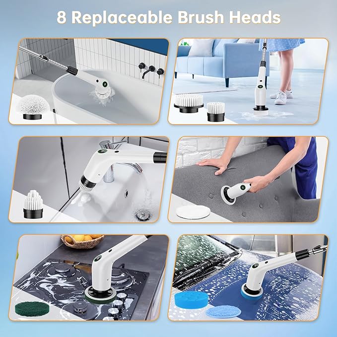 Electric Spin Scrubber, Cordless Shower Scrubber with 8 Scrub Brush, 2 Speed with Adjustable Extension Handle, Battery Level Display, Power Scrubber for Bathroom Bathtub Tile Floor (Black)