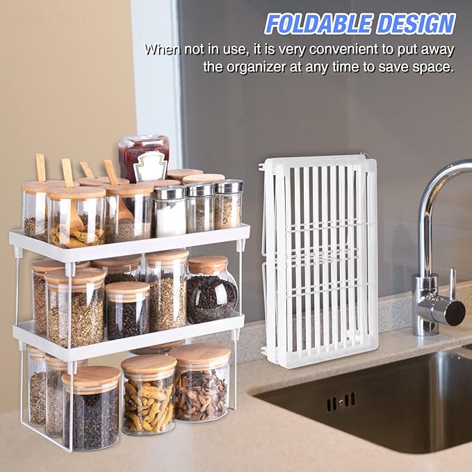 NiHome 4-Pack Stackable Plastic Kitchen Storage Shelf Foldable Rack - White Kitchen Cabinet Organizer and Storage Shelves Stackable Expandable Storage Racks for Counter Cabinet Pantry