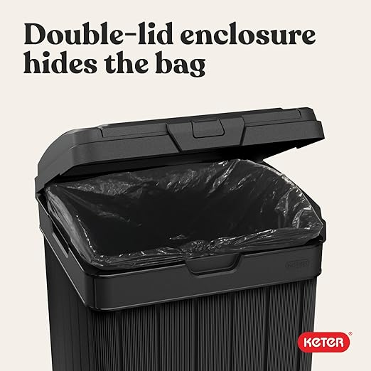 Keter Baltimore Resin 38 Gallon Outdoor Kitchen Trash Can with Lid and Drip Tray for Easy Cleaning-Perfect for Patio Dining, Black