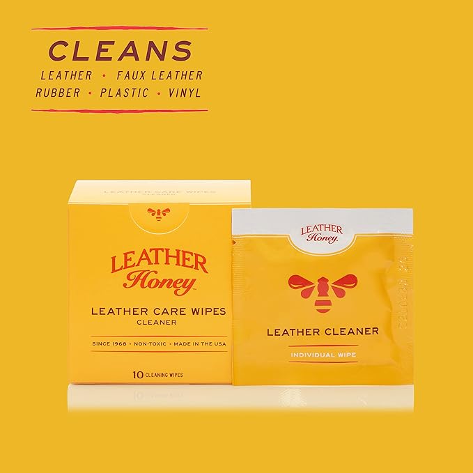 Leather Honey Cleaner Wipes: Clean Leather On-The-Go. 10 Cleaning Wipes for Leather, Faux & Vinyl: Any Color of Couches, Car Seats, Purses, Shoes & Bags. Made in the USA, Non-toxic & Ready-to-Use