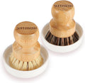 Bamboo Brush Dish Scrubber Clean Pan and Vegetable, Natural Bristles Palm Pot Brush 2 Pack Round Mini Dish Brush with 2 Ceramic Dish for Kitchen Sink Cleaning