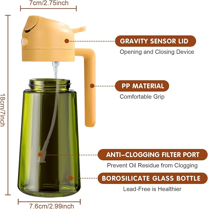YARRAMATE 16oz/470ml Light-Blocking Dark Oil Sprayer for Cooking, 2 in 1 Olive Oil Dispenser Bottle for Kitchen, Premium Dark Green Glass Oil Bottle, Food-Grade Oil Mister for Air Fryer, BBQ (Orange)