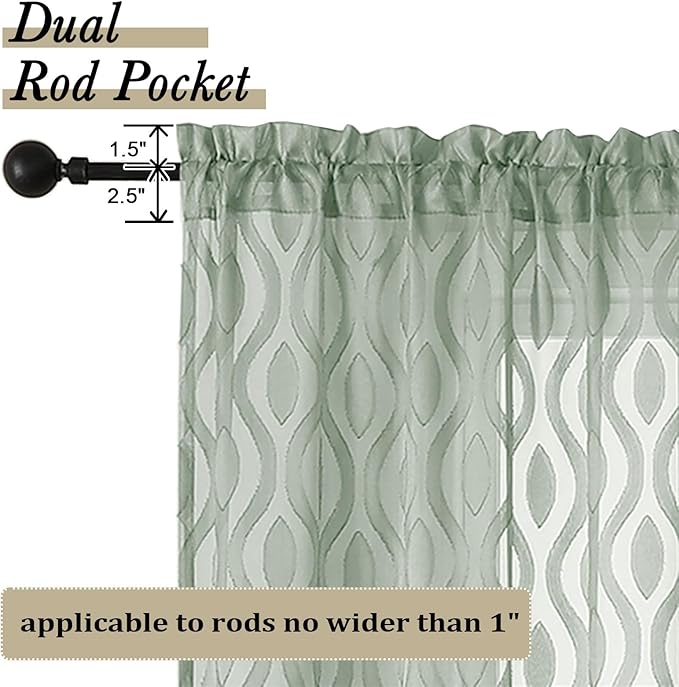 Aiyufeng Green Sheer Curtains Tiers 36 Inch Length 2 Panels Set, Airy Lightweight Clip Jacquard Short Kitchen Window Curtains, Modern Wavy Line Textured Voile Sheer Curtain Panles, 40" Wx36 L Inches