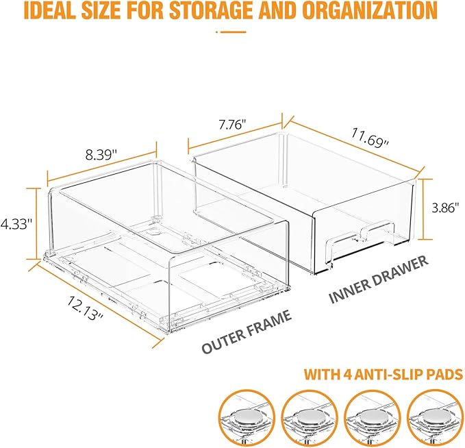 2 Pack Stackable Storage Drawers - Clear Refrigerator Drawers for Refrigerator Organizers and Storage, Acrylic Fridge Drawer Organizer with Handles for Bathroom, Undersink, Cabinet, Pantry, etc