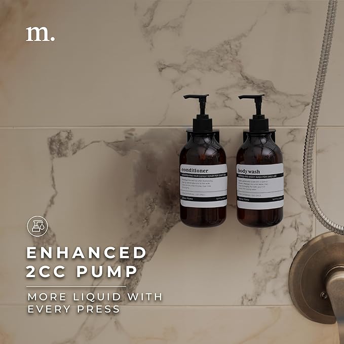 MaisoNovo Shampoo and Conditioner Dispenser - Shower Soap Dispenser Wall Mounted - 16.9 fl oz Set of 2 Amber Plastic Bottles Black Pump - Shampoo Dispenser, Shower Dispenser 2 Chamber No Drill