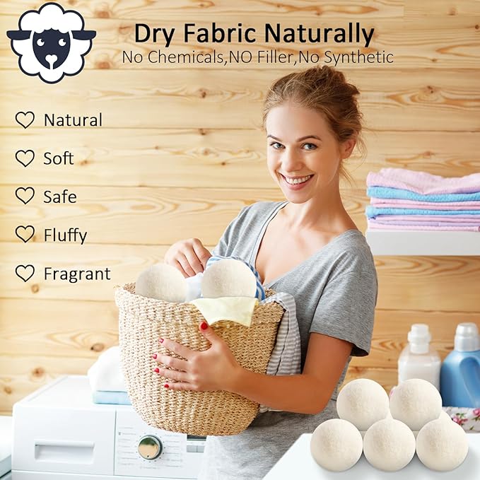 12 Pack Wool Dryer Balls XL Reusable Laundry Balls for Dryer Natural Fabric Softener Ball with 1 Storage Bags Reduce Wrinkles and Decrease Drying Time