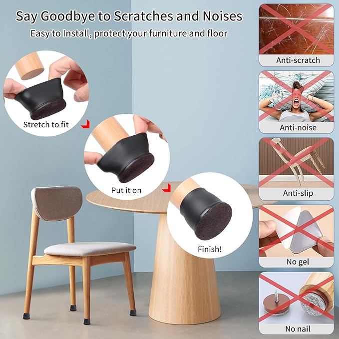 Ezprotekt 24 Pcs Extra Large Chair Leg Floor Protectors for Hardwood Floors, Felt Furniture Pads Covers, Floor Protectors for Chair, Round Bar Stool Leg Protectors Caps (XL Fit: 1.4"-1.65", Black)
