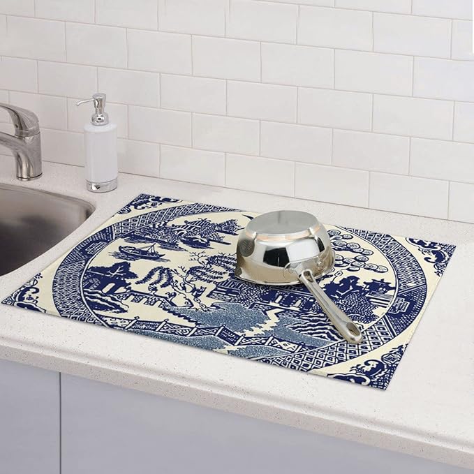 Dish Drying Mat For Kitchen Counter Absorbent Dish Mat Reversible Drainer Drying Kitchen Mat (Oriental Style Chinese Blue Willow, 24X18)