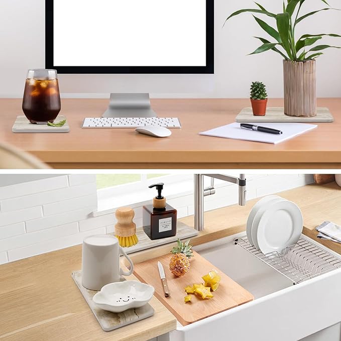 Set of 4 Drying Stone for Kitchen Counter Soap Tray Ceramic Bathroom Sink Trays Hand Soap Dish Stone Quick Dry Mat Toothbrush Sponge Holder Kitchen Sink Caddy Diatomite Coaster Bathroom Trays