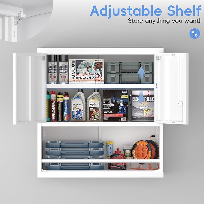 Metal Wall Storage Cabinet, Steel Storage Cabinets with Locking Doors and Shelves, Hanging Cabinet with Guard Bar, Ideal for Kitchen, Laundry, Home Office