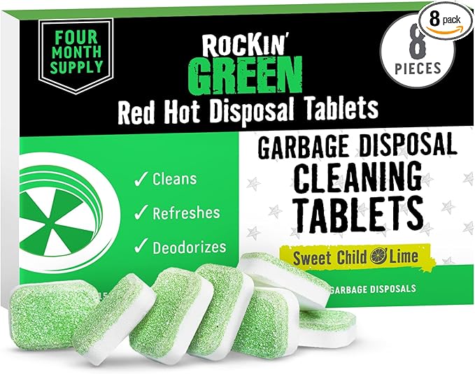 Rockin' Green Deep Cleaning and Deodorizing Tablets for Dishwashers, Washing Machines, and Garbage Disposals, Removes Odor and Residue (Garbage Disposal Cleaning Tablets, 8 Pack)