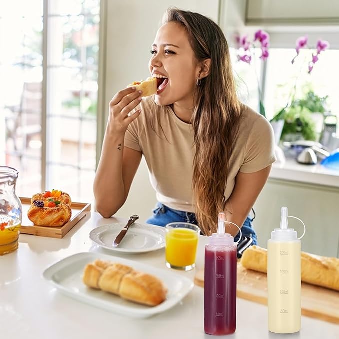 Condiment Squeeze Bottles Ketchup Dispenser, 6 Pack 8oz Squeeze Bottles for Liquids, Plastic Sauce Bottle with Cap Lid, Squirt Bottles for Sauces Liquids BBQ Dressing Pancake Art
