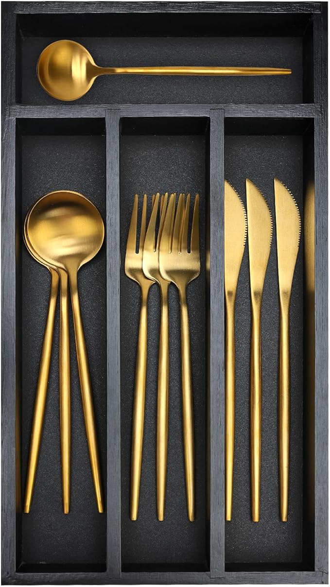 Small Wooden Silverware Organizer Tray Narrow Kitchen Drawer Dividers Utensil Organizers and Storage Black Cutlery Trays Spoon Flatware Organizer for Drawer Bamboo Cutlery Utensil Holder Tray