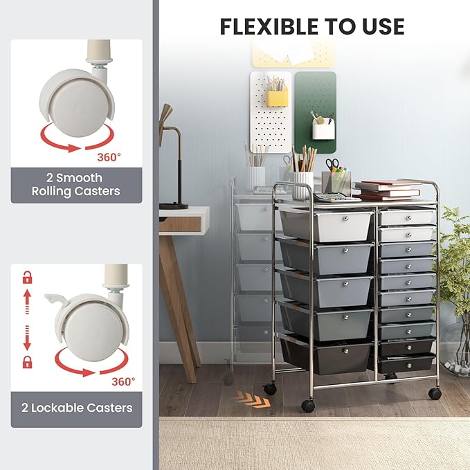 GOFLAME 15-Drawer Rolling Storage Cart, Multipurpose Movable Organizer Cart, Utility Cart for Home, Office, School, Gray Gradient