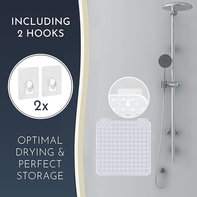 Homerella Anti Slip Shower Mat | Anti Mold Non Slip Bathtub Mat for Inside Shower | Square Floor Shower Mat 21 x 21 inch with Suction Cups for Grip & Hooks Hanging and Quick Drying | Machine Washable