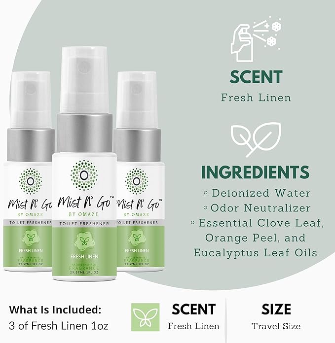 Mist N' Go by Omaze Travel Bathroom Spray - Toilet Odor Eliminator & Air Freshener - Fresh Linen (1oz x3)