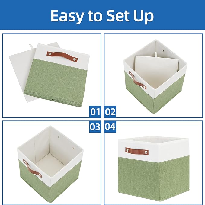 Temary Fabric Storage Bin 11x11 Cube Storage Bins for Home, 4 Pack Fabric Organizer Bins Cube Organizer Bins with Leather Handles Decorative Storage Bins for Shelf (White&Green)