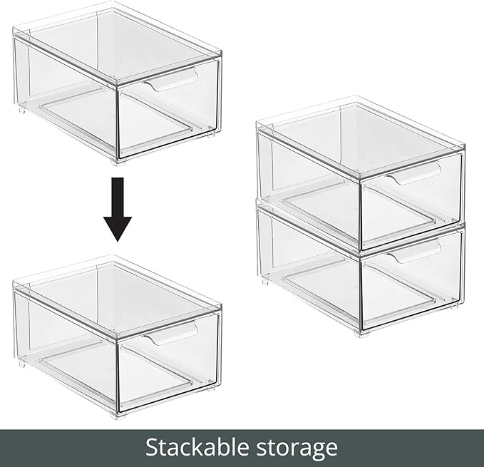 mDesign Stackable Storage Containers Box with Pull-Out Drawer - Stacking Plastic Drawers Bins for Kitchen Pantry and Cupboard, Cabinet, Counter, Island and Tables - Lumiere Collection - 2 Pack - Clear