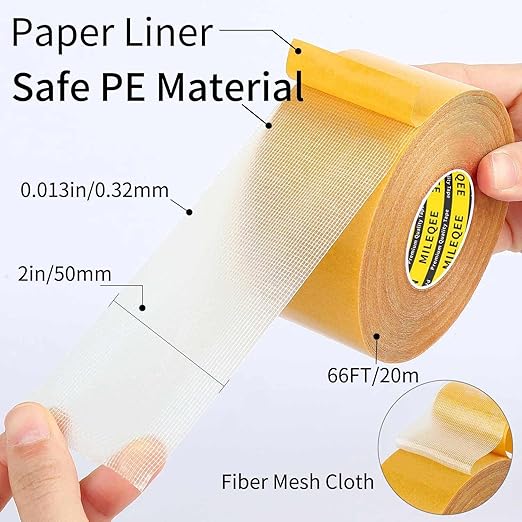 2Pack Double Sided Tape Heavy Duty, 2in x 66FT (132FT Total), Super Sticky Resistente Clear Tape, Universal High Tack Strong Wall Adhesive with Fiberglass Mesh,Easy Use Mounting Tape