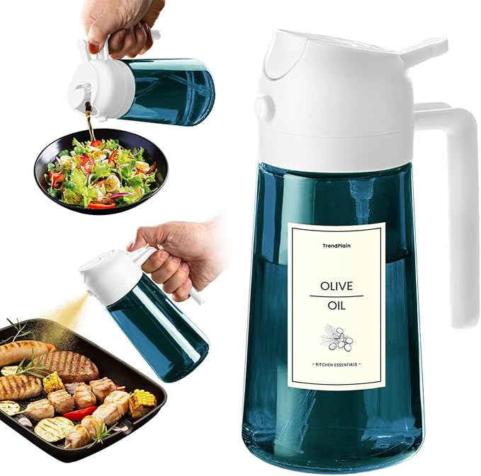 TrendPlain 16oz/470ml Blue Glass Olive Oil Sprayer for Cooking - 2 in 1 Olive Oil Dispenser for Kitchen Gadgets, Air Fryer, Salad, and BBQ - White