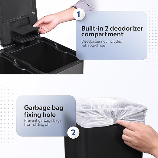 WLIVE Dual Trash Can, 2 x 8 Gallon (2 x 30 L), Step Trash Can with Lid with Inner Buckets, 2 Compartment, Heavy-Duty Stainless Steel Gabage Can for Kitchen with 15 Trash Bags, Black