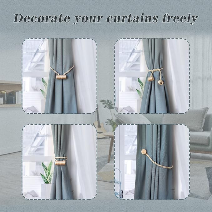 Hion Magnetic Curtain Tiebacks Beige 4 Pack, Curtain Tiebacks Buckles Holdbacks Holders Hooks Clip for Home Bedroom Office