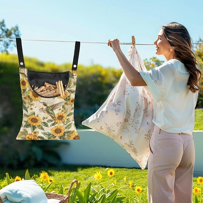 Hummingbird Laundry Clothespin Bag Clothespin Storage Hanger Bag with a Large Opening, Hanging Storage Organizer with Hanging Rope for Home Outdoor, 14.5 x 12 Inch