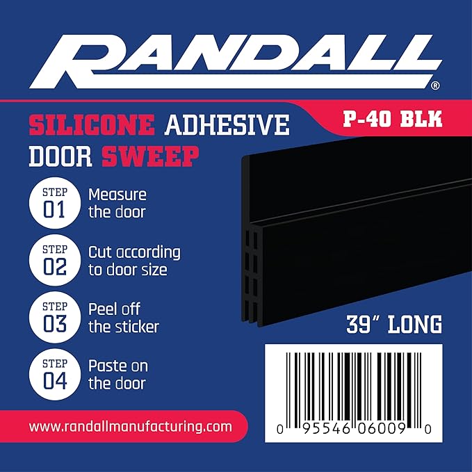 Adhesive Backed Door Draft Stopper – Silicone Under Door Sweep for Interior & Exterior Doors, Noise & Air Insulation, Self Stick Weather Stripping Door Seal, 2" W x 39" L (Black) by Randall Mfg