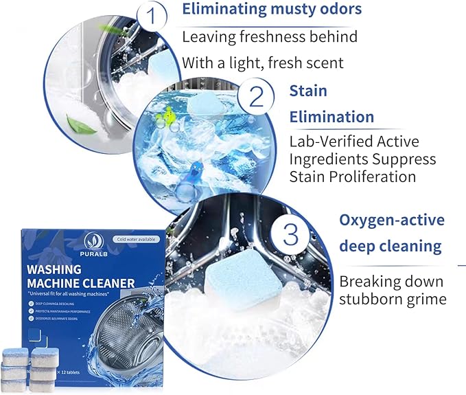 Washing Machine Cleaner Tablets - 24 Tabs (2x12 Pack), 1 Year Supply Deep Cleaning for HE Front Load & Top Load Washers, Septic Safe Eco-Friendly Deodorizer for Drum and Tub Seal