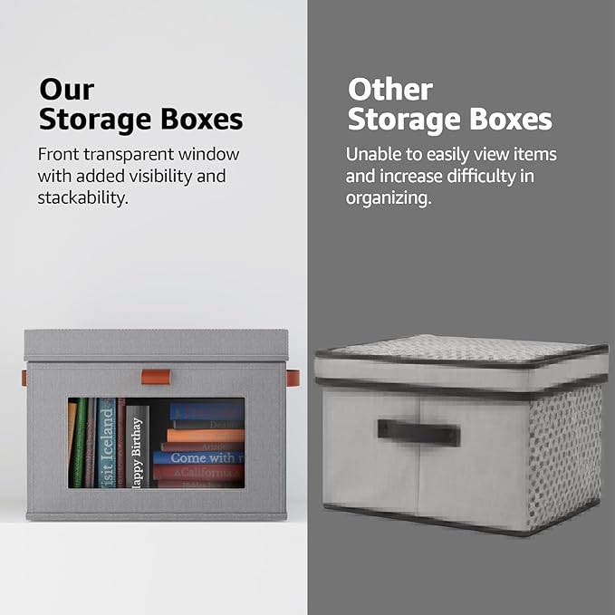 Large Storage Bins with Lids,Stackable&Collapsible Closet Storage Bins,Oxford Fabric Organizer Box with Clear Window,Large Decorative Storage Boxes for Shelves,Wardrobe,Living Room,Dorm(Grey)
