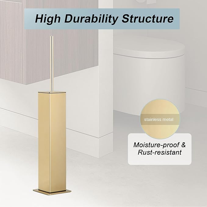Gold Toilet Brush with Holder 304 Stainless Steel Toilet Bowl Brush, Square Bathroom Cleaner Brush