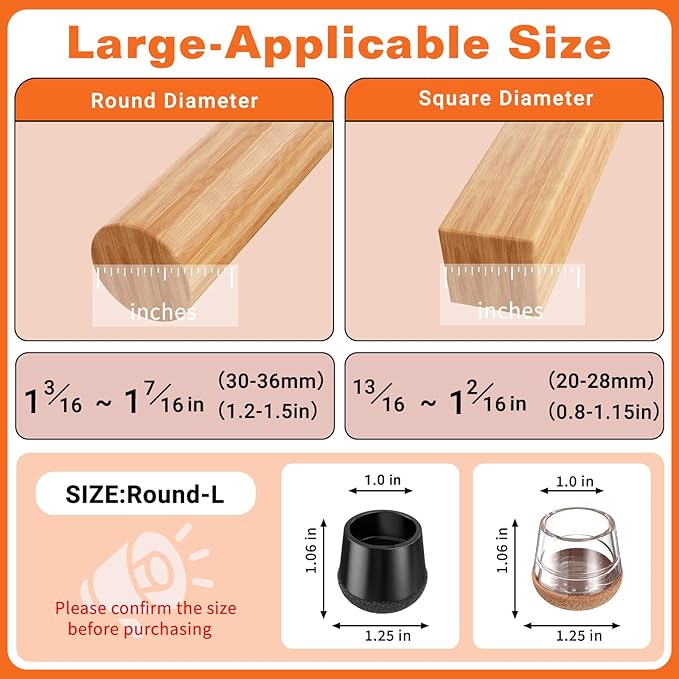 Chair Leg Floor Protectors Large 24Pcs,Silicone Chair Leg Protectors for Hardwood Floors/Tiles,360°Wrapped Felt Bottom to Prevent Scratch and Reduce Noise, Round Clear