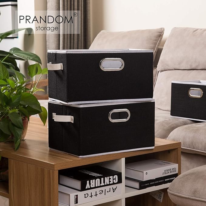 PRANDOM Larger Collapsible Storage Bins for Closet [5-pack] Decorative Linen Fabric Storage Baskets Cubes with Leather/Metal Handles for Living Room Black (17.3x12.2x10.4 Inch)