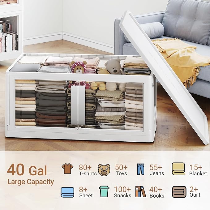 BROVIEW 160QT Stackable Storage Bins with Lids, 40Gal Extra Large Collapsible Storage Box with Wheel, Plastic Storages with Clear Door Open Front for Home Kitchen Garage, White-1pack(1 lid)