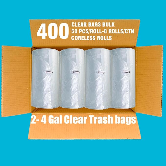 2-4 Gallon Trash Bags, 400 Count Bulk, Clear Plastic Recycling Bags, Small Multi-purpose Garbage Bags for Business Home Bathroom Kitchen Commercial and Industrial