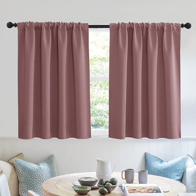 RYB HOME Small Curtains Blackout - Privacy Energy Efficiency Mini Curtains for Kids Bedroom RV Camper Windows Trailer Bathroom Kitchen Cabinet Window Tiers, W 29 x L 30, Dusty Rose, 2 Panels