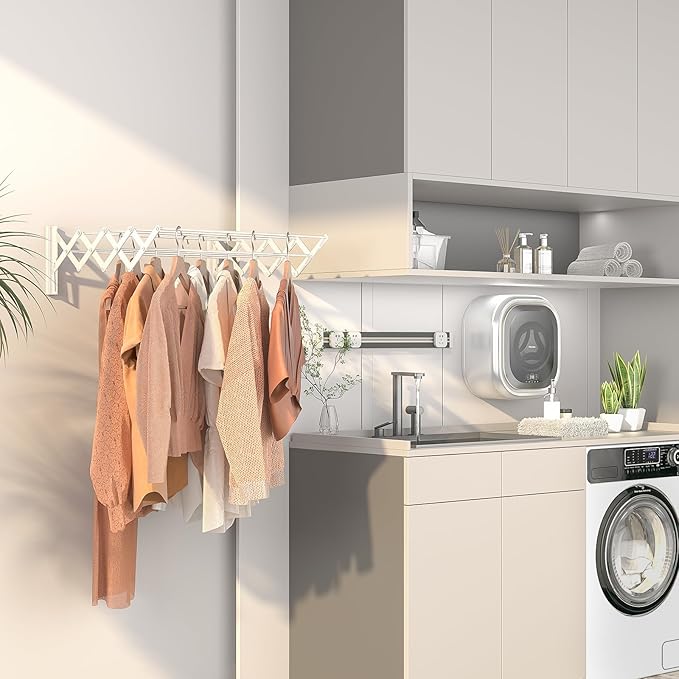 X-cosrack Wall Mounted Clothes Drying Rack, 31.9" Wide Large Rustproof Retractable Laundry Drying Rack, 8 Bar Space-Saving Aluminium Alloys Clothing Hanger Drying Racks forLaundry (Silver)