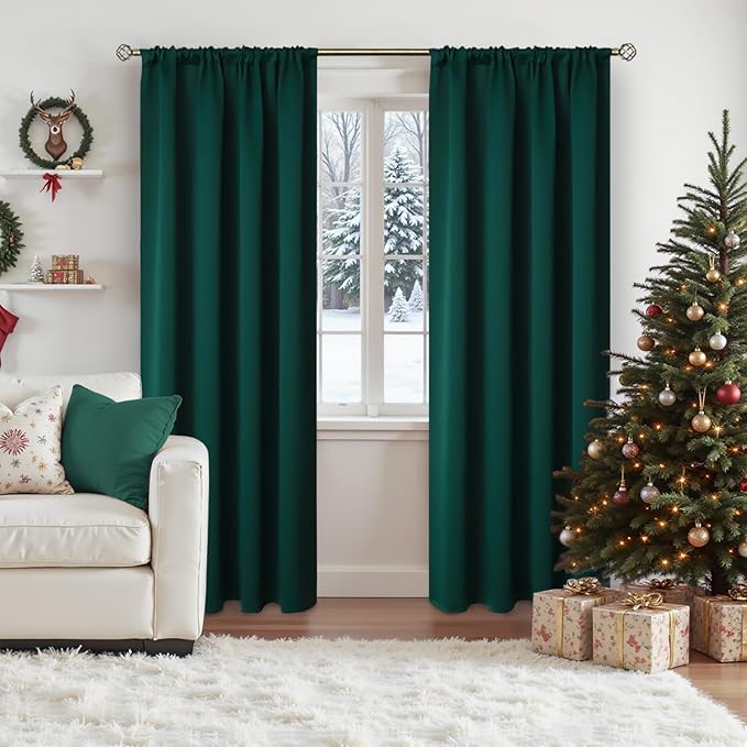BGment Blackout Curtains 90 Inch Length 2 Panels for Living Room - Dark Green Thermal Insulated Room Darkening Drapes with Rod Pocket Christmas Decor for Bedroom, 52 x 90 Inch